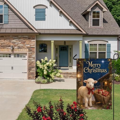Christmas Lamb House Flag 28x40 Inch Merry Holiday Sheep Bow Wheelbarrow Gifts Stable Lantern Snowy Rustic Farmhouse Outdoor Yard Lawn Porch Double Sided Banner Welcome Decor
