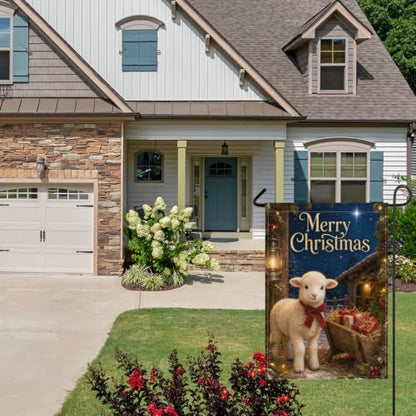 Christmas Lamb House Flag 28x40 Inch Merry Holiday Sheep Bow Wheelbarrow Gifts Stable Lantern Snowy Rustic Farmhouse Outdoor Yard Lawn Porch Double Sided Banner Welcome Decor