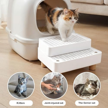 Adjustable Litter Box Step, Cat Litter Box Ramp/Catcher with Wooden Feet