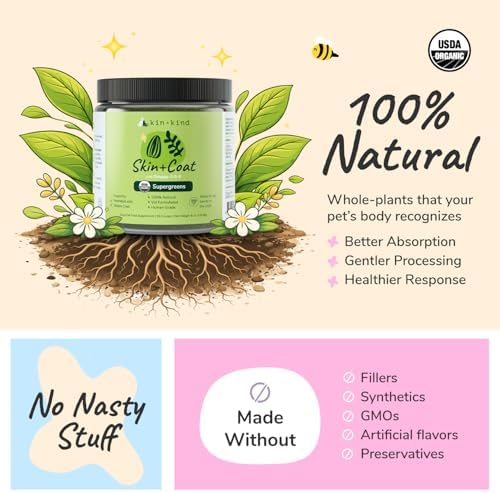 kin+kind Skin and Coat Supplement for Dogs & Cats – Natural Vitamin Supplements with Organic Ingredients for Shiny Fur, Moisturized Skin & Overall Pet Wellness – Dog Essentials & Cat Essentials – 4oz