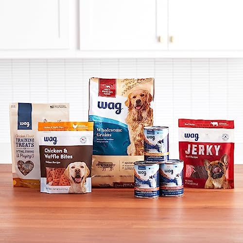 Amazon Brand – Wag Chewy Whole Muscle American Jerky Dog Treats – Chicken & Flaxseed (1 lb), Grain Free