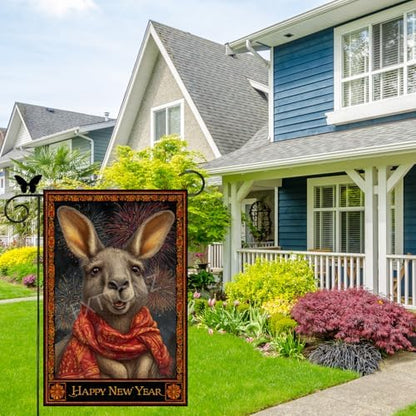 Happy New Year Garden Flag 12x18 Double Sided Vertical Linen Small Fireworks Kangaroo House Flag Welcome Holiday Winter House Outdoor Outside Decorations (27176)