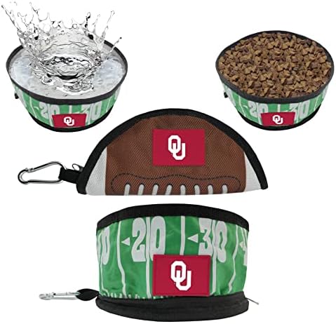 Pets First NCAA Oklahoma Sooners Collapsible Dog Travel Bowl, Food and Water Bowl for Dogs & Cats. Lightweight Leak-Proof Pet Bowl for Travel with Football Field & Pebble-Grain Design