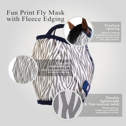 Harrison Howard All Round Mesh Horse Fly Mask UV Protective with Fleece Padded Edging and Fun Prints Forelock Opening Design Mask for Horse Zebra XL