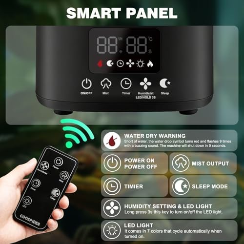 Coospider Reptile Fogger Humidifier, Automatic Humidifiers for Reptiles Tank, Terrarium Humidifiers with Dual Hose Timer Humidity Control, Reptile Mister for Amphibians Herps Vivarium (5L/1.32Gallon)