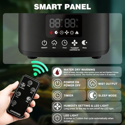 Coospider Reptile Fogger Humidifier, Automatic Humidifiers for Reptiles Tank, Terrarium Humidifiers with Dual Hose Timer Humidity Control, Reptile Mister for Amphibians Herps Vivarium (5L/1.32Gallon)
