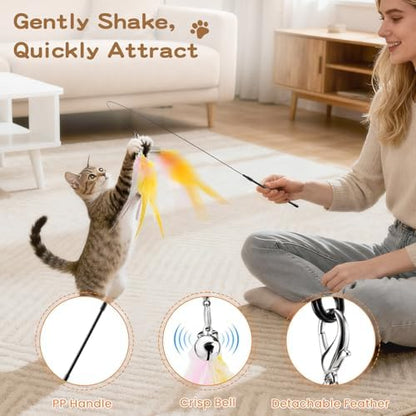 Pawaboo Cat Feather Wand Interactive Toy, 6 Feathers + 1 Wand with Bell