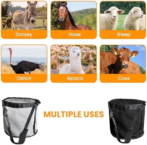 Horse Feed Bag, 2 Pack Heavy Duty Nylon Muzzle Grain Feed Bag with Adjustable Elastic Strap, Mesh Feed Bags with Durable Waterproof Bottom Muzzle Comfort Neck Pad for Horse