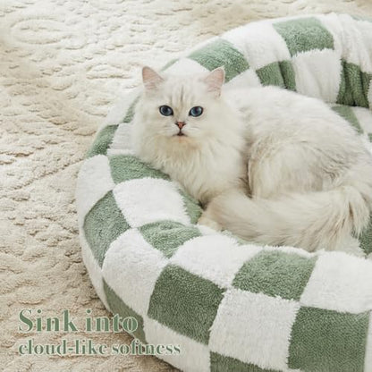Ohocut Checkered Cat Dog Bed, Cute Sage Green Retro Style Aesthetic Round Warming Pet Calming Beds for Small Dog and Cats, Plush Cozy Donut Beds Washable, 23" L x 23" W x 8" Th