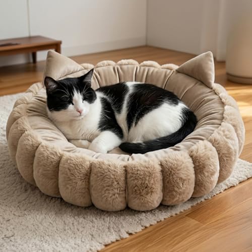 Premium Feline Space 24 Inch Washable Cute Fluffy Large Cat Beds for Indoor Cats, Fuzzy Faux Fur Calming Lounger with Ears, Cozy Warm Pet Nest, Thick Private Fortress