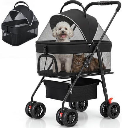 Dog Stroller for Small Dogs, Foldable Pet Stroller up to 35 lb, Panoramic Mesh Pet Cat Stroller with Detachable Carrier, with Safety Tether, Puppy Doggie Stroller for Medium Dogs 20 lbs, Light Black