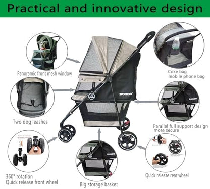 ROODO 3 Wheel Dog Pet Cat Stroller Best Lightweight Foldable Compact Portable Jogger All Terrain Travel Pet Gear Puppy Kitty Stroller for up to 30lbs Medium Small Dogs and Cats(Light Khaki)