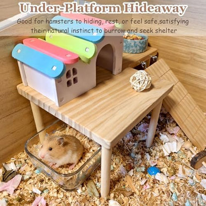 Wooden Hamster Platform with Ladder Rat Climbing Activity Playground Platform Cage Accessories Decor for Dwarf Syrian Hamster Gerbil Rat Mice (Right)