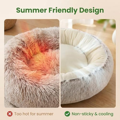 Calming Donut Pet Bed, Fluffy Long Fur Outer & Short Fur Inner, Sweat-Free & Cozy, Non-Slip Bottom, for Small Medium Dogs, Cats, Puppies & Kittens (Brown, 19.7 in)
