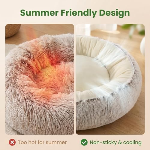 Calming Donut Pet Bed, Fluffy Long Fur Outer & Short Fur Inner, Sweat-Free & Cozy, Non-Slip Bottom, for Small Medium Dogs, Cats, Puppies & Kittens (Brown, 23.6 in)