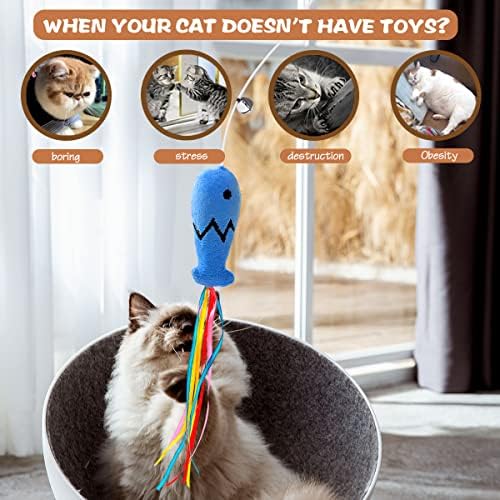 Natural Wood Cat Wand Toy with Ribbon Fish Teaser - 3pcs, 16 Inch