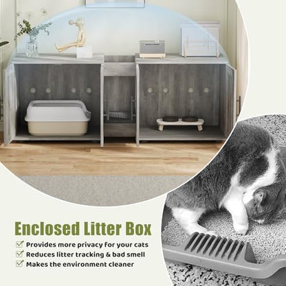 Garvee Cat Litter Box Enclosure for 2 Cats, 55" Hiddden Litter Box Enclosure Furniture 3-in-1 Wooden Litter Cabinet with Barn Door & Double Rooms for Bedroom Living Room, Gray