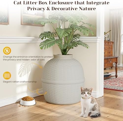 FansaFurn Hidden Litter Box with Faux Plant, Large Cat Litter Box with Rattan Pattern, Heavy Duty PP Material Litter Box Enclosure Furniture for Home Decor, Light Grey