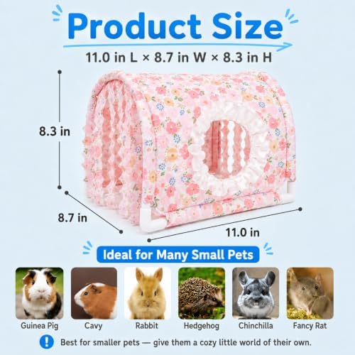 Guinea Pig Hideout Tunnel House, Pink Floral Small Animal Hideaway Bed with Curtains, Soft Fabric Cover and PVC Frame for Guinea Pigs, Hamsters, Hedgehogs and Small Pets
