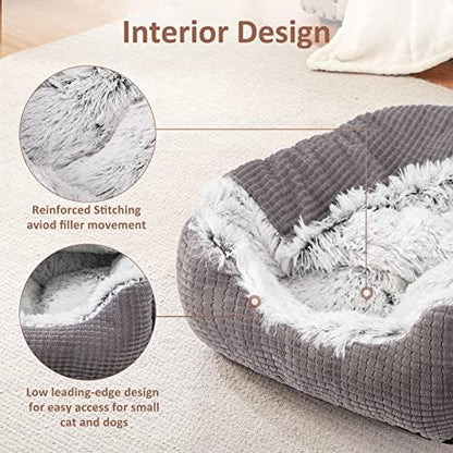 MIXJOY Dog Beds for Large Medium Small Dogs, Rectangle Cave Hooded Blanket Puppy Bed, Luxury Orthopedic Cat Beds for Indoor Cats, Warmth and Machine Washable (30 inches, Grey)