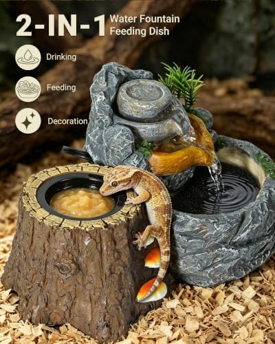Reptile Water Fountain 700ML with Food Dish for Geckos, Bearded Dragons