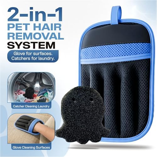 Pet Hair Remover Kit – New 2026 – Electrostatic Glove + 6 Fur-Releasing Laundry Octopuses – Dog & Cat Hair Removal for Furniture, Couch, Carpet, Car Seat, Clothes, Bedding, Washer & Dryer