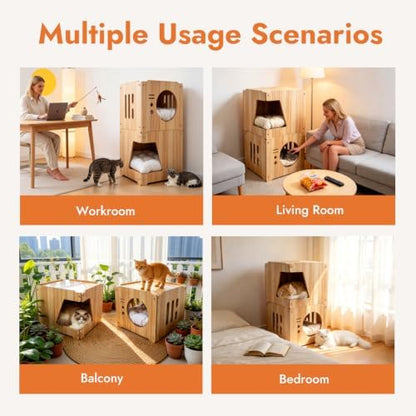Large 2double-Deck Cat Fort for Pet Cat Cave for Indoor Cats Cat House for Multi Pet Large Kitten Kitty Cat Bed Wooden Style 15 * 15 * 30 inches (2layer)