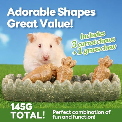 TEEWY Guinea Pig Chew Toys, Prevent Teeth Overgrowth, Natural Timothy Grass & Vegetables, Hamster Chew Toys, Guinea Pig Toys, Chinchilla Toys, 4PCS, Grass Patch & Carrots