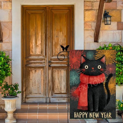 Happy New Year Garden Flag 12x18 Double Sided Vertical Linen Small Fireworks Black Cat House Flag Welcome Holiday Winter House Outdoor Outside Decorations (27173)