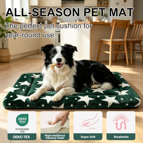 Dog Bed Mat, Reversible Crate Pad & Cute Dog Bed - Machine Washable Kennel Mat with Ultra Soft (Big&Small Stars Green, 30" L*20" W*1.5" Th)