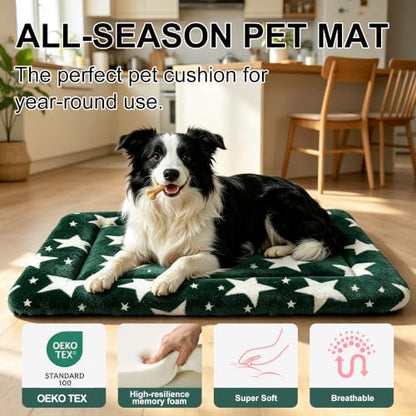 Dog Bed Mat, Reversible Crate Pad & Cute Dog Bed - Machine Washable Kennel Mat with Ultra Soft (Big&Small Stars Green, 30" L*20" W*1.5" Th)