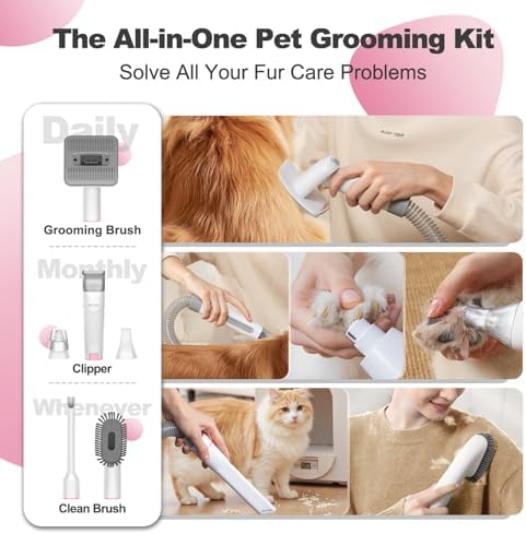 Afloia 6-in-1 Dog Grooming Kit, Pet Grooming Vacuum for Shedding, Dog Hair Vacuum with Clipper Nail Trimmer Grinder, Pet Brush Groomer at Home, Low Noise Cats Hair Remover, 1.5L Dust Cup, Pink