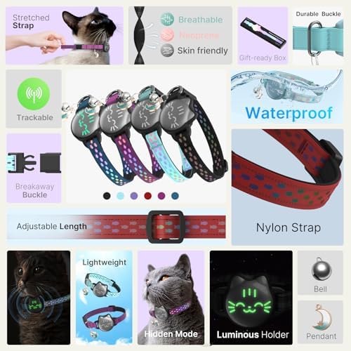 AirTag Cat Collar, Reflective Breakaway Collar, Hidden Holder with Bell