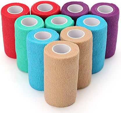 LotFancy Vet Wrap, 4 Inch x 5 Yards, 10 Pack Self Adhesive Bandage Wrap, Non-Woven Cohesive Bandage, First Aid Tape for Horses Dogs Cats Elbow Ankle, Assorted Color