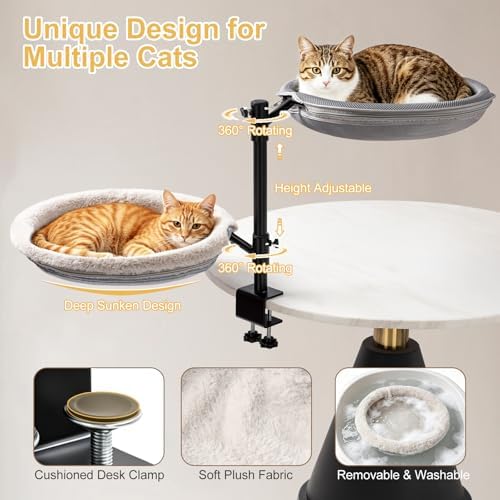 Double Cat Desk Bed with 360° Rotation & Adjustable Height, 2-Tier Cat Hammock for Desk, Heavy Duty Desktop Cat Perch with Mesh & Plush Covers, Home Office Cat Bed, Gray