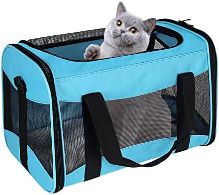 Cat Carrying Case - Pet Carrier Airline Approved, Protable and Breathable Pet Travel Carrier Removable Fleece Pad, Collapsible Cat Carrier Dog Carrier for Medium Cats Small Cats Dogs(Medium, Blue)