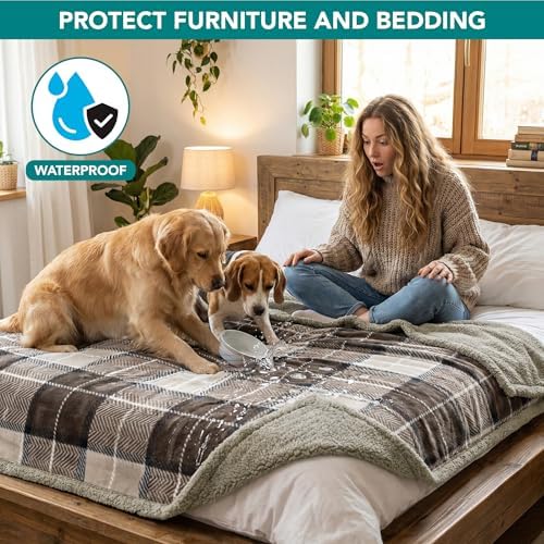 PetAmi Waterproof Dog Blanket for Large Dog Cat Pet, 60x80, Plaid Taupe