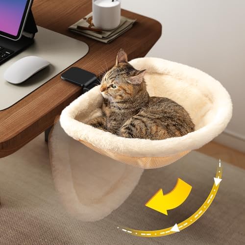 JUNSPOW Cat Desk Bed One-Click Folding Maximum Holds 40lb, Cream Fur