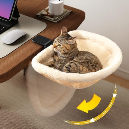 JUNSPOW Cat Desk Bed One-Click Folding Maximum Holds 40lb, Cream Fur