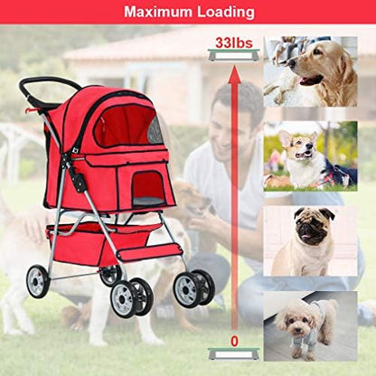 BestPet | 4-Wheel Foldable Pet Stroller | Red | Lightweight & Portable