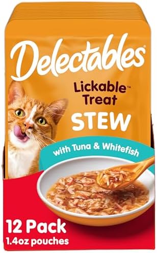 Delectables Lickable Treat Stew Wet Cat Treat with Real Tuna & Whitefish, Food Topper, Hydrating, Grain-Free, No Fillers, No By-Products, No Added Preservatives, 1.4oz Pouch, 12ct