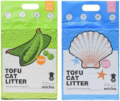 Michu Tofu Cat Litter Natural Clumping Tofu Cat Litter, Fast Clumping and Easily Scoop-able 5.5lb/88oz 5 Scents - Original + Ocean Fresh, 2 Pack