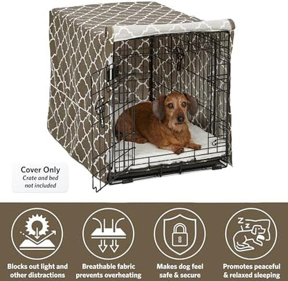 MidWest Homes for Pets Medium Dog Crate Cover with Teflon Fabric Protector, Poly-Cotton Privacy Kennel Cover Fits Most 30-inch Crates, Brown Designer Print, Washable, Reduces Barking