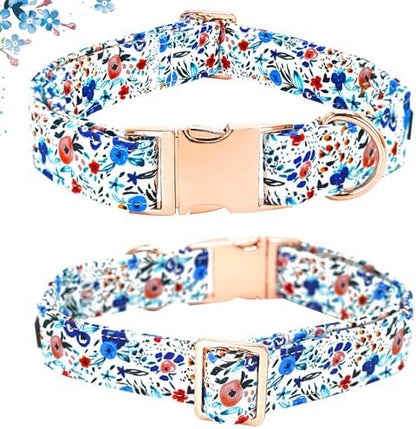 Dog Collar-Flower Print Adjustable Cute Pet Collar Soft Blue Floral Dog Collars with Bow Tie Durable Cotton Metal Buckle Puppy Collar Gift for X-Large Dogs