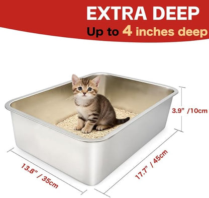Stainless Steel Cat Litter Box, (17.7" x 13.7" x 4") Metal Litter Box for Kitty and Rabbits, No Odor Left & Non Stick Surface, Rust & Stain Resistant, Easy to Clean