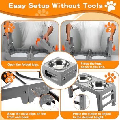 Elevated Dog Bowls for Large Dogs 5 Adjustable Heights 7.5"-15.4", 2 X-Large 10” Stainless Steel Bowls, Heavy Duty Raised Dog Bowl Stand Foldable Pet Feeder for Dogs Shoulder Height Over 15”, Grey