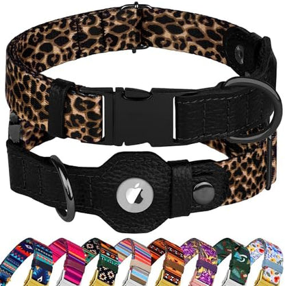 AirTag Dog Collar for Small Medium Large Breed - Adjustable Cute Pattern Dog Collar with Airtag Holder - Soft Leather Tracker GPS Apple Air Tag Pet Collars (Small, 12"-15" Neck Fit, Leopard)