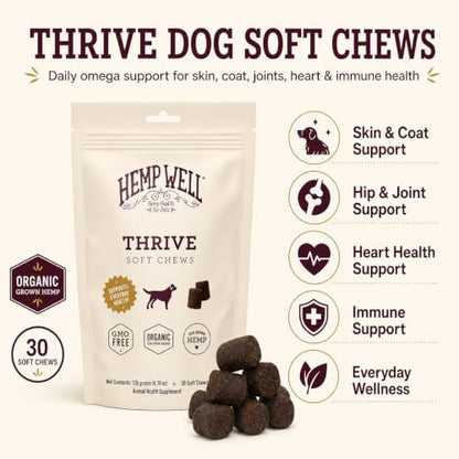 Hemp Well Thrive Dog Soft Chews, Skin, Allergy, Coat, Joint & Heart Support