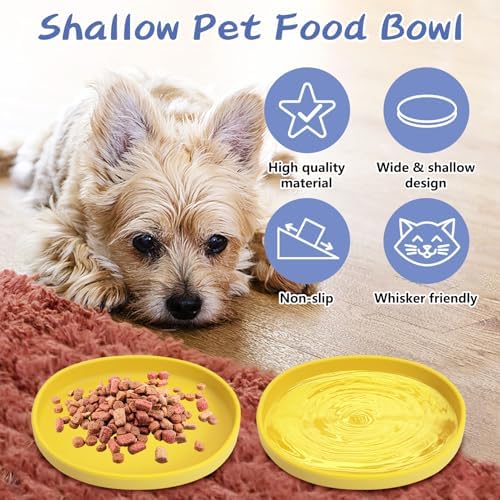 Fhiny 2 PCS Silicone Cat Food Bowls Shallow Dog Bowl 7" Non-Slip Pet Feeding Dishes for Dry and Wet Food Whisker Fatigue Cat Plates for Kitten Puppy and Small Pets(Yellow)