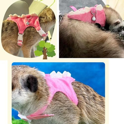 Ferret Harness and Leash Set Small Animals Vest Harness with Safe bell Dinosaur Shaped Walking clothes for Baby Rabbit Guinea pig Teacup Chihuahua Mouse and other small pet. (Pink Dinosaur)